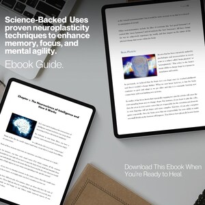 May include: Two tablets displaying an ebook guide on neuroplasticity techniques. The text reads "Science-Backed Uses proven neuroplasticity techniques to enhance memory, focus, and mental agility. Ebook Guide." A notebook and keyboard are also visible.