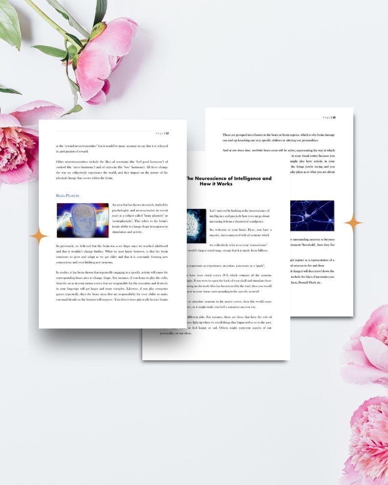 May include: A stack of open books with text and illustrations, titled "The Neuroscience of Intelligence and How it Works," is displayed on a white surface. Pink flowers are arranged around the books. The pages have text and images.