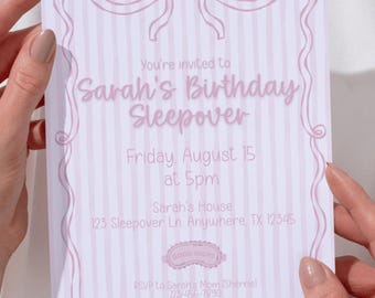 Schleifen Sleepover Geburtstagseinladung | Rosa Pyjama-Party einladen | Bearbeitbare Canva Vorlage | Mädchen Pyjama Party | Digitaler Download