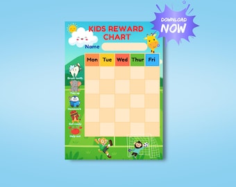 May include: A kids reward chart featuring the text "KIDS REWARD CHART" and "Name". The chart includes columns for Monday through Friday, rows with illustrations of a tooth, elephant, penguin, lion, and crab, and a soccer-themed bottom border.