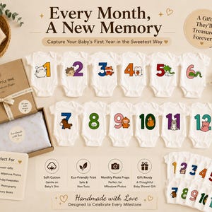 Baby Monthly Milestone Bodysuits; 12 Month Photo Outfit, Keepsake Set