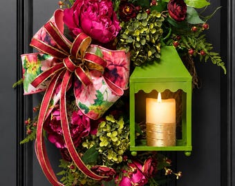 Burgundy Bloom Lantern Wreath