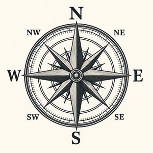Puede incluir: Ilustración de una rosa de los vientos en blanco y negro. La brújula muestra las direcciones N, NE, E, SE, S, SW, W y NW. La rosa de los vientos tiene un diseño central de estrella, un anillo exterior circular y un fondo beige claro.