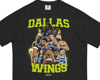 May include: Black t-shirt featuring a graphic of the Dallas Wings basketball team. The word "DALLAS" is printed in large, neon yellow letters above a collage of players. Below the players, the word "WINGS" is also in neon yellow. The shirt includes the text "FIRST FIVE".