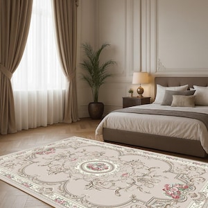 French Vintage Cream Rug – Elegant Rose Floral Carpet For Romantic Bedroom, Living Room Or Classic Home Decor,Bedroom Rug,Minimalist Rug