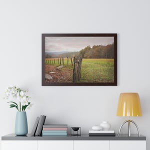 Scenic Farmhouse Fence Poster, Rustic Countryside Wall Art, Farm Field Decor, Vintage Farm Scene Print, Country Home Framed Poster