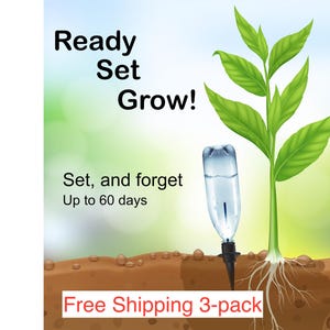 Pode incluir: Ilustração de uma planta jovem com folhas verdes e raízes brancas, ao lado de um sistema de irrigação com garrafa de água. O texto diz "Ready Set Grow!" e "Set, and forget Up to 60 days".