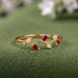 Ruby Opal Gold Leaf Ring, Botanical Stacking Band, Nature Inspired Gemstone Ring, Art Nouveau Wedding Jewelry, Elegant Gift for Her