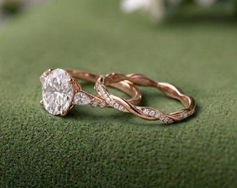 Oval Moissanite Engagement Ring, Twisted Wedding Band, Rose Gold Bridal Ring Set, Vintage Promise Ring, Oval Solitaire Gift, Christmas Gift