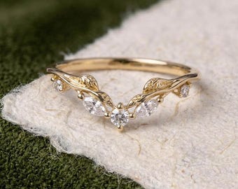 Marquise Cut Moissanite Curved Wedding Band Vintage 14K Yellow Gold Nature Inspired Leaf Bridal Diamond Ring Stacking Wedding Ring For Women