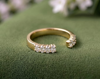 Gold Gap Band Open Wedding Band Oval Cut Wedding Ring Moissanite Stacking Ring Vintage Wedding Band Yellow Gold Band Gift for Her