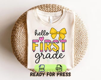 Hello First Grade SVG PNG, Cute Back To School Pencil Design, First Grade Girl Boy Shirt, Digital Download