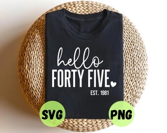 Hello Forty Five SVG PNG, Est 1981 45th Birthday Design, 45 Years Old Funny Retro Birthday Digital Download