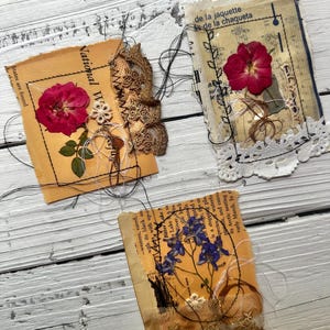 Set of 3 - Handmade Sewed Flower Junk Journal tags, journal materials, junk journal ephemera, coffee dyed paper