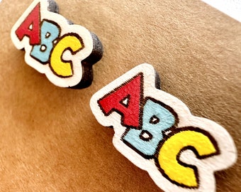 Colorful ABC Wooden Stud Earrings - Hand-painted Alphabet Letter Ear Studs - Quirky Teacher Gift - Whimsical Wood Jewelry - Fun Accessory