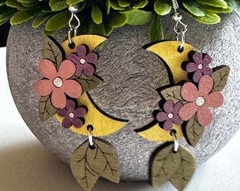 Hand-painted Floral, Moon and Leaf Wooden Earrings - Bohemian Nature-Inspired Dangle Earrings