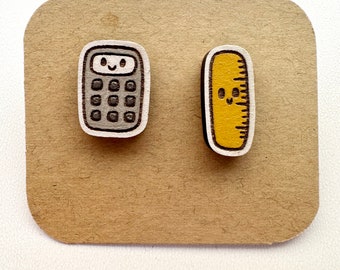Quirky Geeky Wooden Stud Earrings - Handpainted Novelty Calculator & Ruler Studs - Unique Nerd Chic Accessories for Math Lovers
