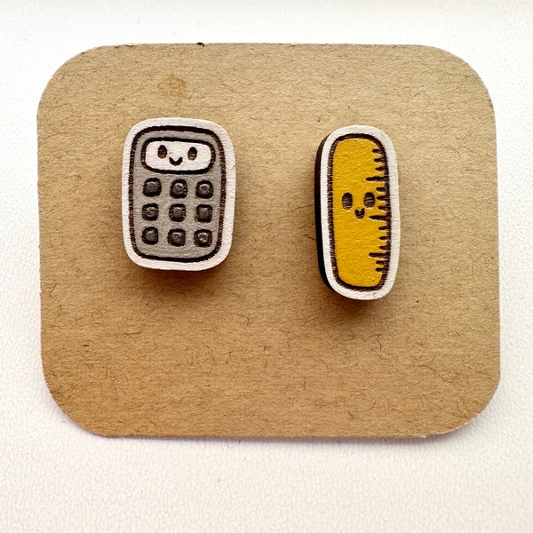 Quirky Geeky Wooden Stud Earrings - Handpainted Novelty Calculator & Ruler Studs - Unique Nerd Chic Accessories for Math Lovers