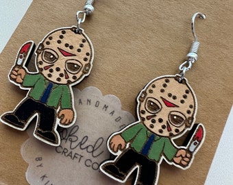 Jason from Friday the 13th Handpainted Laser Cut Wood Dangle Earrings - Horror Movie Fan Jewelry - Halloween Statement Earrings