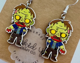 Zombie Handpainted Laser Cut Wood Dangle Earrings - Undead Horror Jewelry - Halloween Statement Earrings