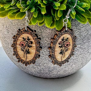 Hand-Painted Floral Wooden Dangle Earrings – Laser Cut, Lightweight, Hypoallergenic, Lead & Nickel Free, Boho Cottagecore Jewelry