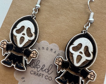 Ghostface  Scream Handpainted Laser Cut Wood Dangle Earrings - Horror Movie Fan Jewelry - Halloween Statement Earrings