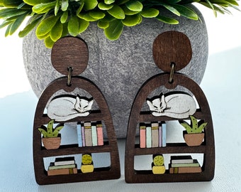 Hand-painted Wooden Bookshelf Earrings with Cat and Plant Designs – Unique Literary Lover's Gift – Bookworm Dangle Earrings
