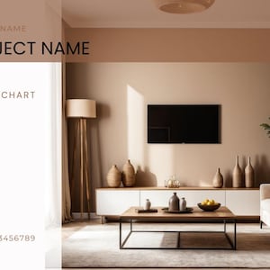 May include: Interior design concept with a modern living room. The room features a white cabinet, a wooden coffee table, and a beige sofa. A large black TV is mounted on the wall. The text on the image says "STUDIO NAME", "PROJECT NAME", and "GANTT CHART".