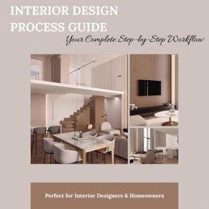 Puede incluir: Imagen de una guía de proceso de diseño de interiores con el texto "INTERIOR DESIGN PROCESS GUIDE Your Complete Step-by-Step Workflow". La imagen muestra un interior moderno con salón, comedor y escalera.