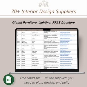 Op de afbeelding: Een laptop toont een directory van interieurontwerpleveranciers, inclusief meubels, verlichting en FF&E. Het scherm toont een tabel met categorieën, leveranciers en website links. De tekst bovenaan luidt "70+ Interior Design Suppliers". De tekst onderaan luidt "One smart file - all the suppliers you need to plan, furnish, and build."