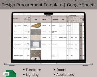 Puede incluir: Una computadora portátil muestra una hoja de cálculo titulada "Project FF&E + Finishes Spec Sheet". La pantalla muestra una tabla con especificaciones para elementos de diseño de interiores, incluidas dimensiones y materiales. Un icono de archivo Excel y una lista de categorías también son visibles.