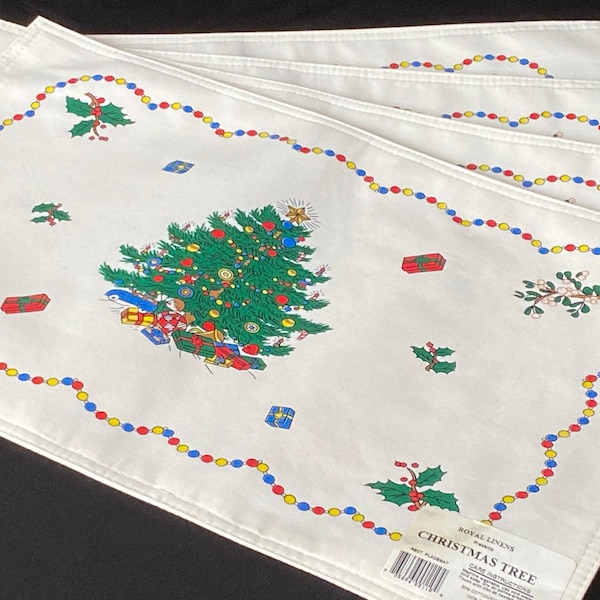 Vintage ROYAL LINENS Christmas Tree Unused Placemats, 4 Mats, Cotton Polyester Blend, Ecru Placemats