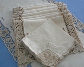 Vintage Madeira Linen Lunch Tea Set 8 Mats, 8 Unused Napkins, 1 Runner Hand Embroidery Batten Lace, Mats 17 quot X 12 quot Napkins 15x15 quot