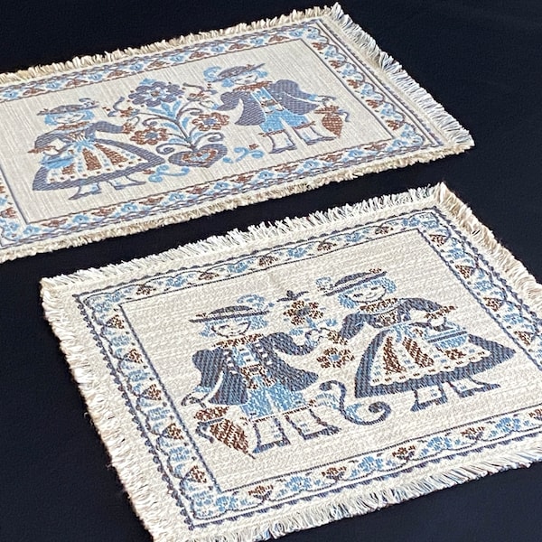 1 Austrian Woven Placemat, 1 Napkin, Linen/Cotton Blend, Vintage Mat and Napkin, Swiss Dutch Boy and Girl, Blue, Brown, Ecru