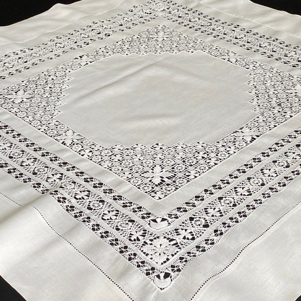 Tenerife Needlelace Tablecloth, Tea Cloth, Table Center 38X39" White Tablecloth, Linen Tablecloth, Vintage Tablecloth