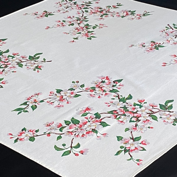 Vintage Wilendur Tablecloth/Tea Cloth 33X35" Dogwood Print, White, Pink, Gray, Florals, Kitchen Tablecloth