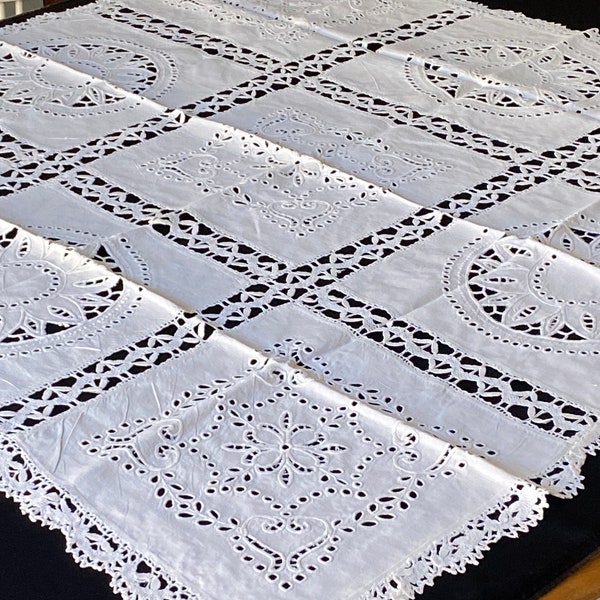Antique/Vintage Swiss Embroidery Tablecloth/Tea Cloth 41X41" Whitework Tablecloth, Needlelace Tablecloth