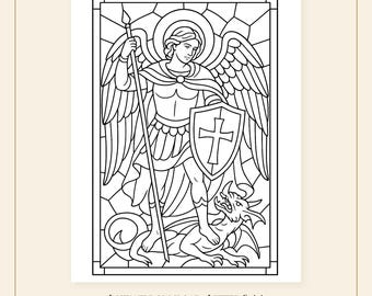 Coloriage de Saint Michel en vitrail, art catholique (PDF)