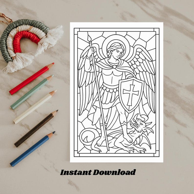 Stained Glass Saint Michael Coloring Page, Catholic Art (PDF) Etsy