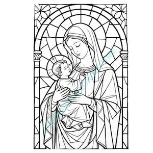 Op de afbeelding: Zwart-wit illustratie van een religieus glas-in-loodraamontwerp. De afbeelding toont een vrouw die een baby vasthoudt, met een halo rond het hoofd van de baby. De achtergrond heeft een geometrisch patroon.