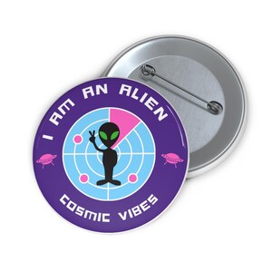 Cosmic Alien Pin Buttons: Retro Sci-Fi Party Accessories