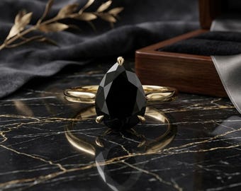 Anillo de compromiso de ónix negro en forma de pera para mujer, anillo colgante con gema negra, anillo solitario minimalista de oro, elegante regalo de joyería de promesa para ella.