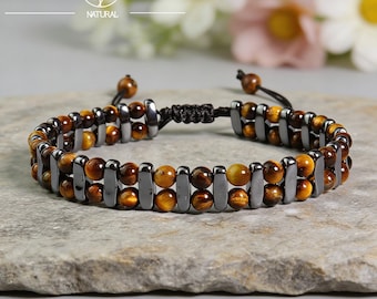 Tiger's Eye & Hematite Men's Bracelet, Adjustable Gemstone Healing Crystal