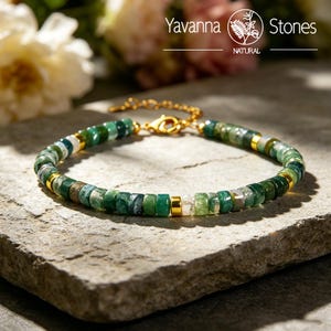Moss Agate Tube Bead Bracelet, Gold Accent, Minimalist Jewelry