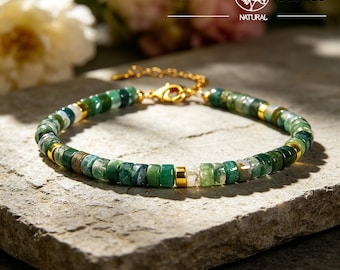 Bracciale con perline tubolari in agata muschiata, accenti dorati, gioielli minimalisti