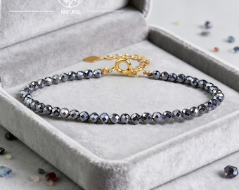 Dainty Hematite Bracelet, 3mm Gemstone Beaded, Adjustable Jewelry