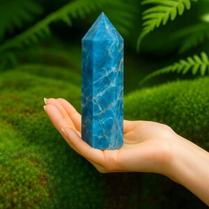 K&ouml;nnte beinhalten: Ein polierter blauer Apatit-Kristallturm in sechseckiger Form mit einer spitzen Oberseite. Der Stein weist eine leuchtende cyanblaue Farbe mit komplexen wei&szlig;en Aderungsmustern auf der gesamten Oberfl&auml;che auf, die eine nat&uuml;rliche Kristallstruktur zeigen.