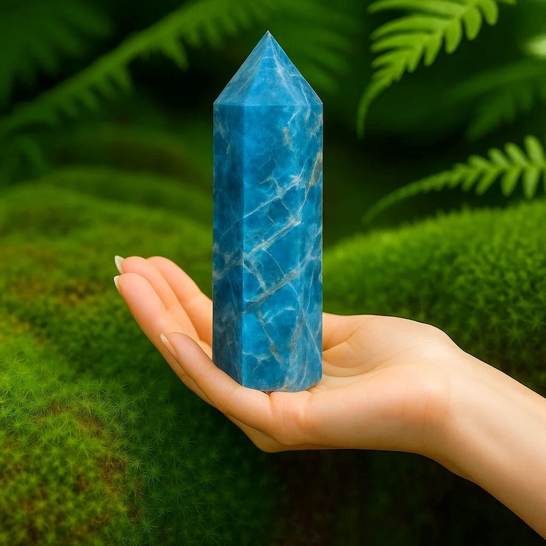 K&ouml;nnte beinhalten: Ein polierter blauer Apatit-Kristallturm in sechseckiger Form mit einer spitzen Oberseite. Der Stein weist eine leuchtende cyanblaue Farbe mit komplexen wei&szlig;en Aderungsmustern auf der gesamten Oberfl&auml;che auf, die eine nat&uuml;rliche Kristallstruktur zeigen.