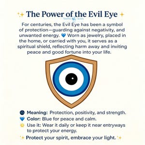 May include: An image with text about the Evil Eye symbol. The image features a blue and white eye design within a shield shape, with text explaining its meaning: protection, positivity, and strength. The color blue is for peace and calm.