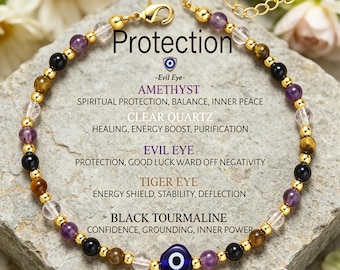 Pulsera protectora delicada con diseño de ojo turco: cuarzo transparente, amatista, ojo de tigre y turmalina negra.